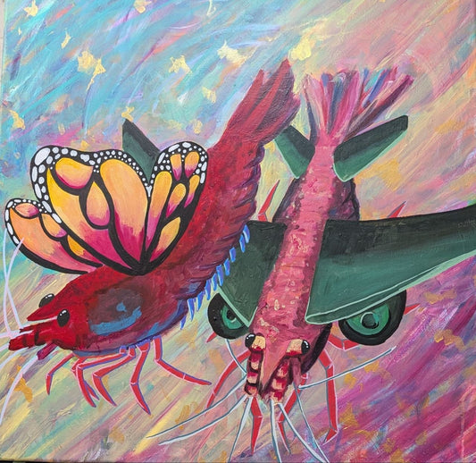 Shrimp with Wings | 24x24" Acrylic Painting Original | Jake Snow Art